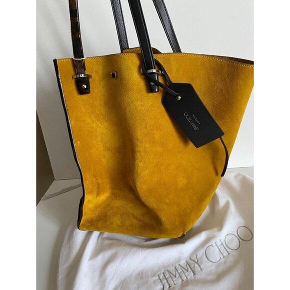 Jimmy Choo Leopard Twist Tote Suede Leather Trim Calf Hair Mustard Yellow Italy - Picture 9 of 16
